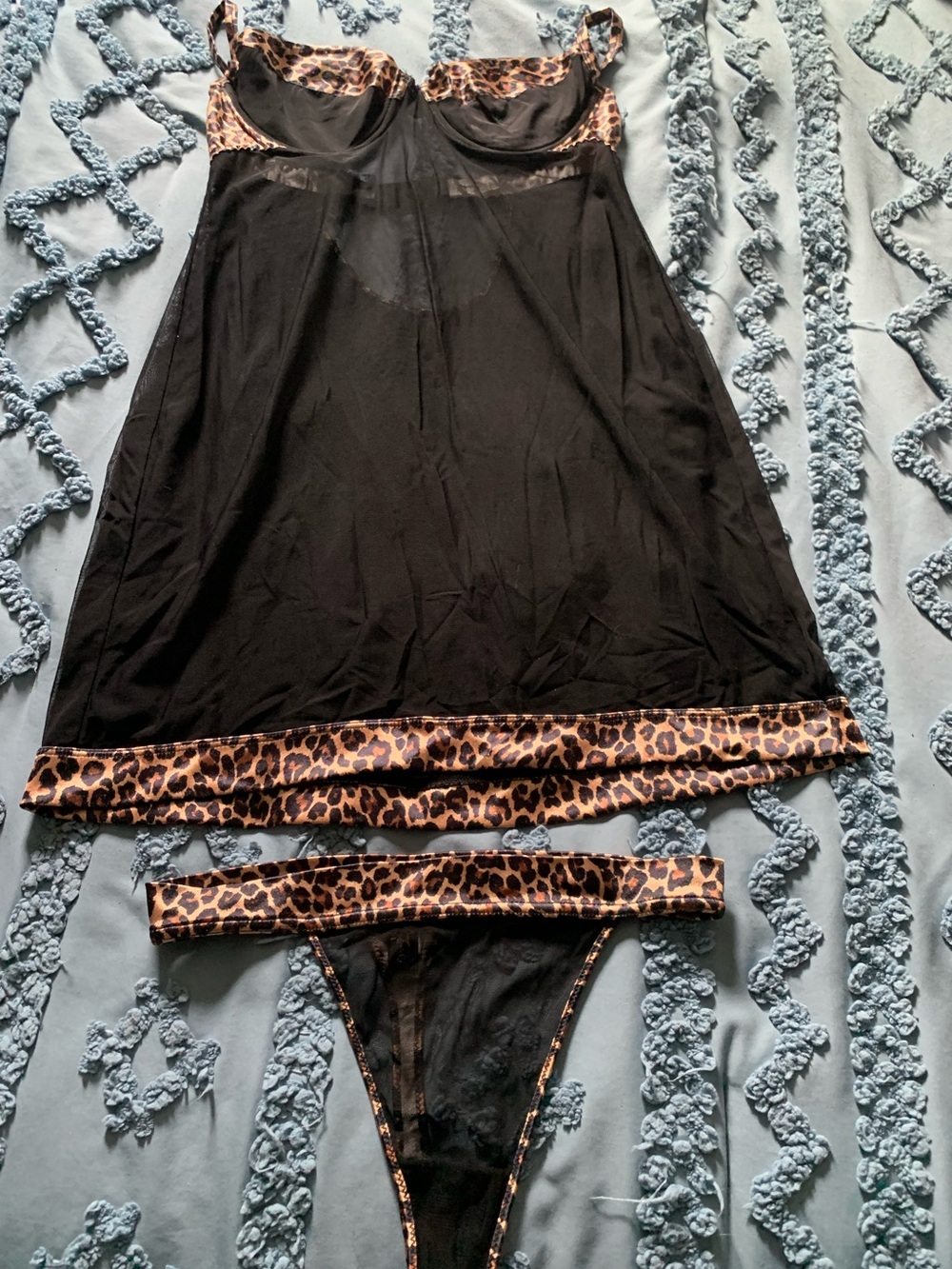 Frederick's of Hollywood Leopard-Print Mesh Babydoll & Matching Thong Set